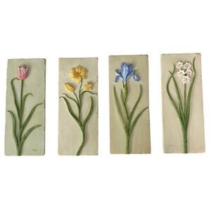 Floral Wall Art Set of 4  Ceramic Tulip Iris Lily Narcissus 4" x 9.5" each